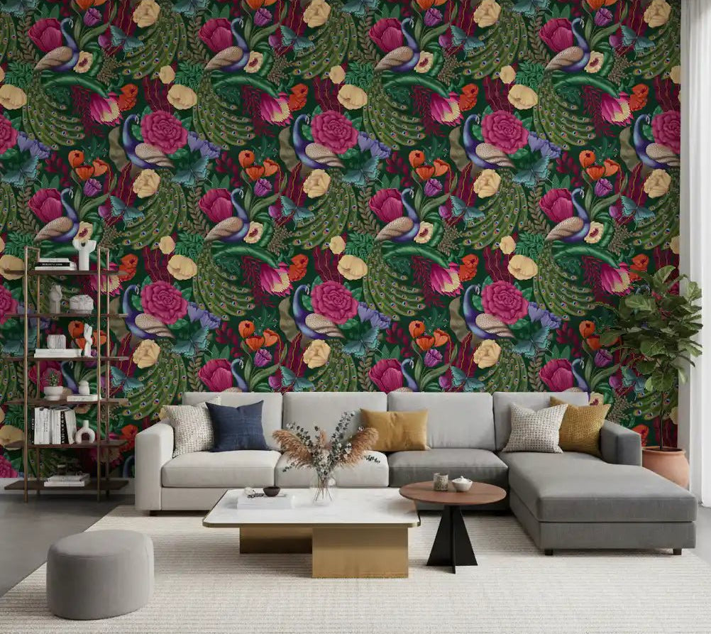 Dark Green Peacock Fantasy Garden Wallpaper behind a soft gray living room sofa, GD8937