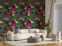 Sunlit lounge featuring Dark Green Peacock Fantasy Garden Wallpaper, GD8937