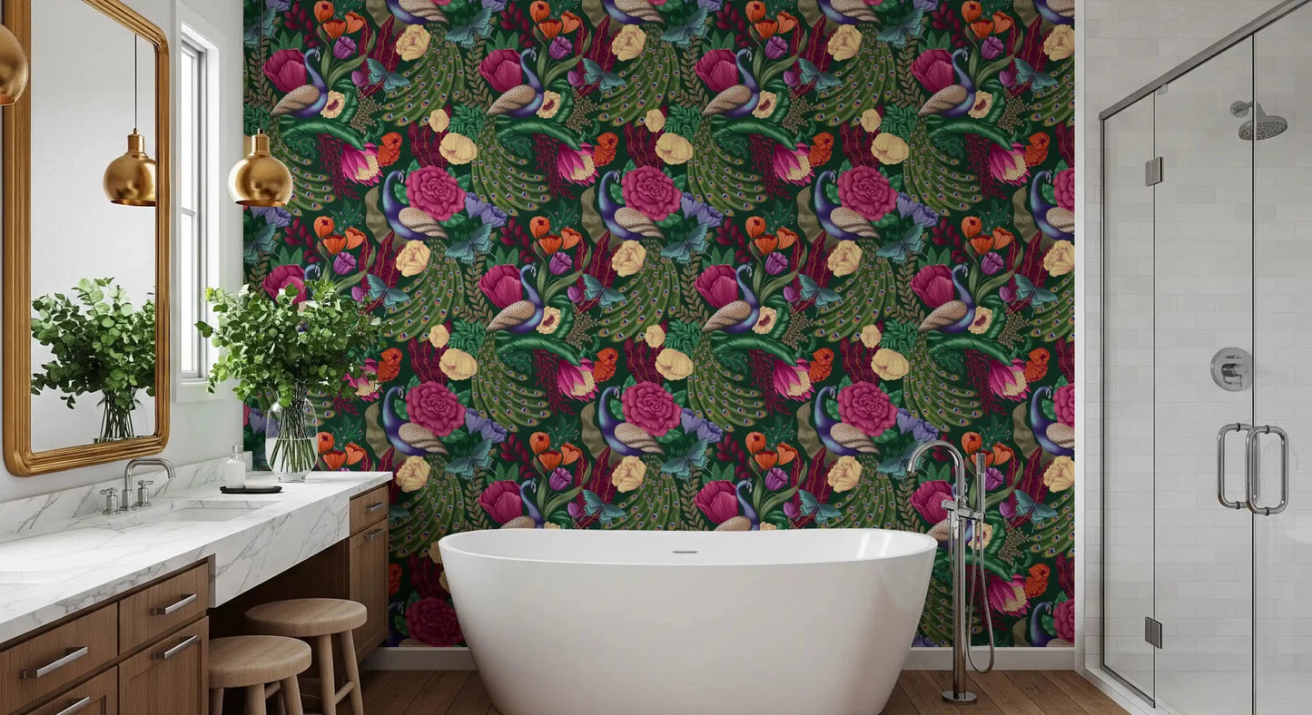 Bathroom finished in Dark Green Peacock Fantasy Garden Wallpaper, GD8937