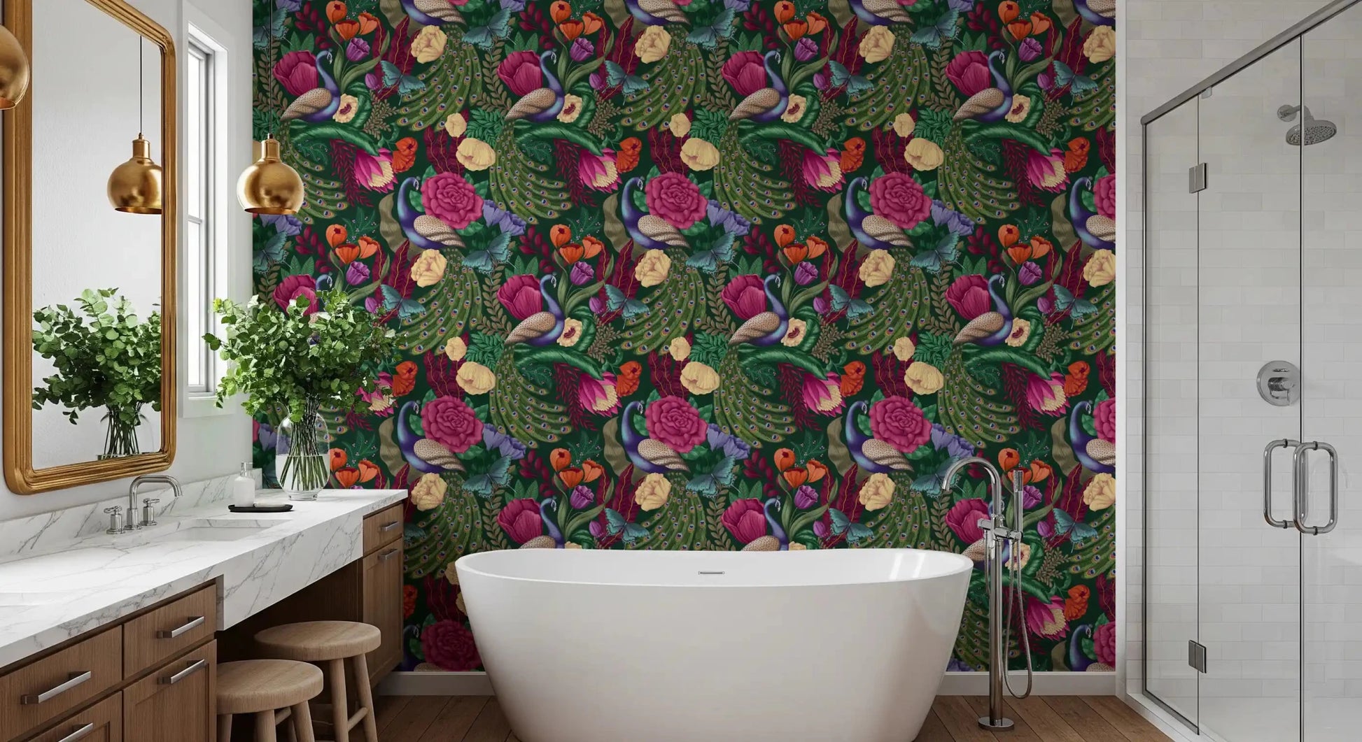 Bathroom finished in Dark Green Peacock Fantasy Garden Wallpaper, GD8937
