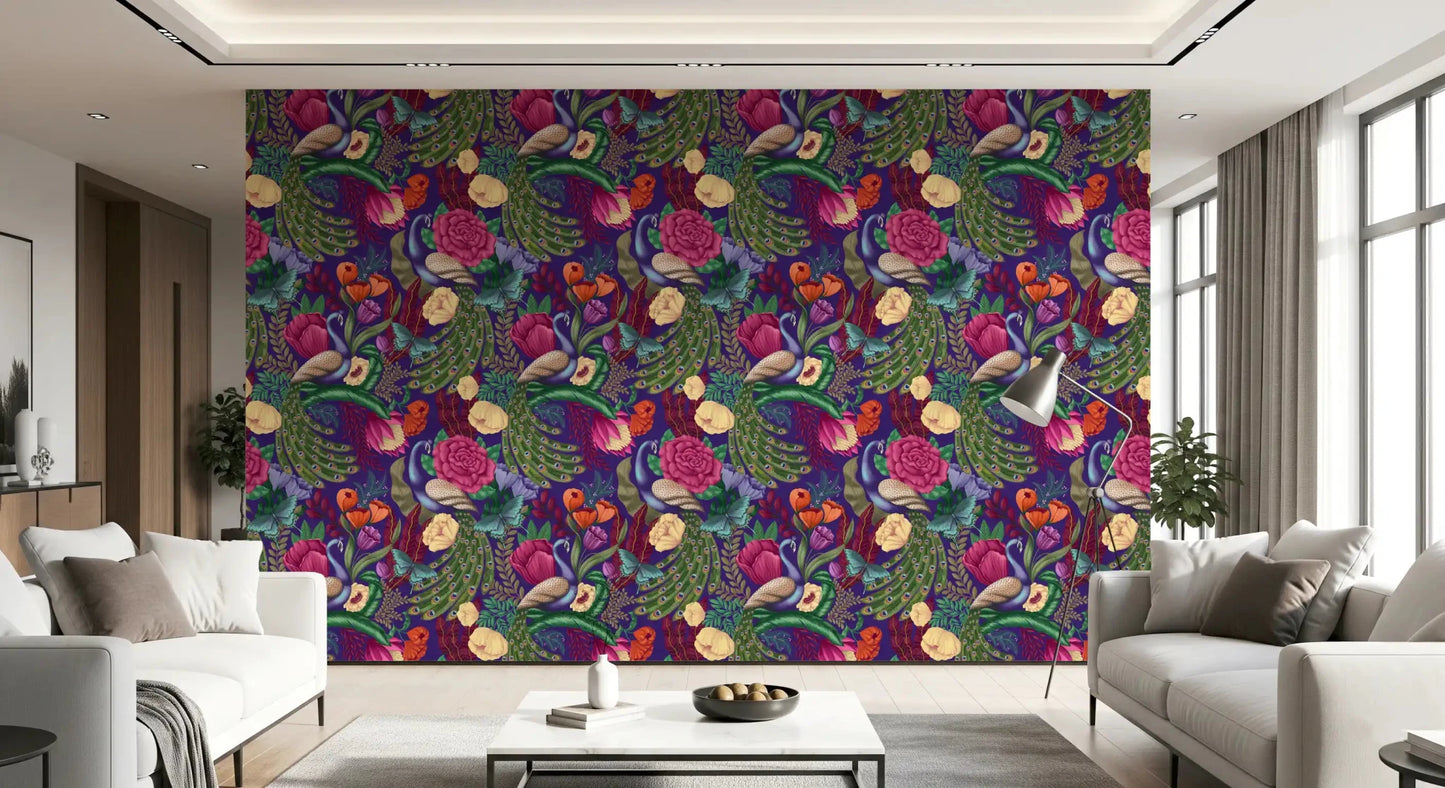 Dark Purple Wallpaper featured behind a neatly made modern Sofa