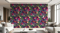 Dark Purple Wallpaper featured behind a neatly made modern Sofa