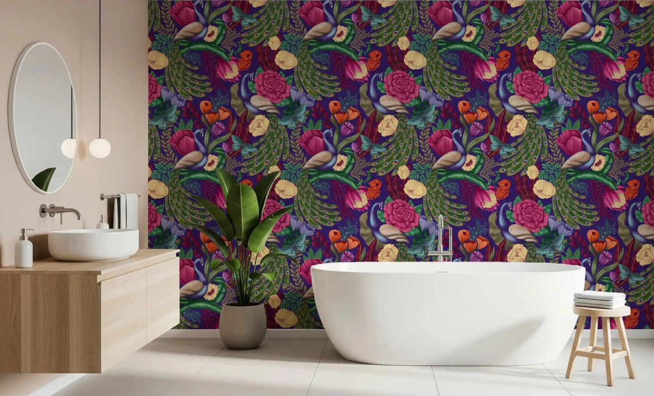 Maximalist Peacock Fantasy Garden Dark Purple Wallpaper in a bright bathroom setting
