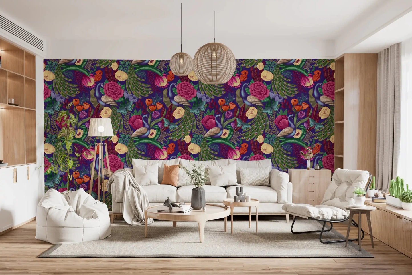 Warm dining room framed by Maximalist Peacock Fantasy Garden Dark Purple Wallpaper