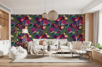 Warm dining room framed by Maximalist Peacock Fantasy Garden Dark Purple Wallpaper