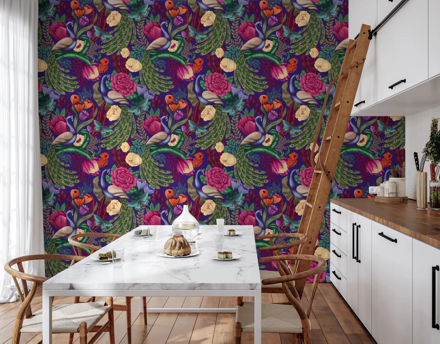 Kitchen covered in Maximalist Peacock Fantasy Garden Dark Purple Wallpaper
