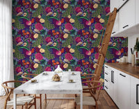 Kitchen covered in Maximalist Peacock Fantasy Garden Dark Purple Wallpaper