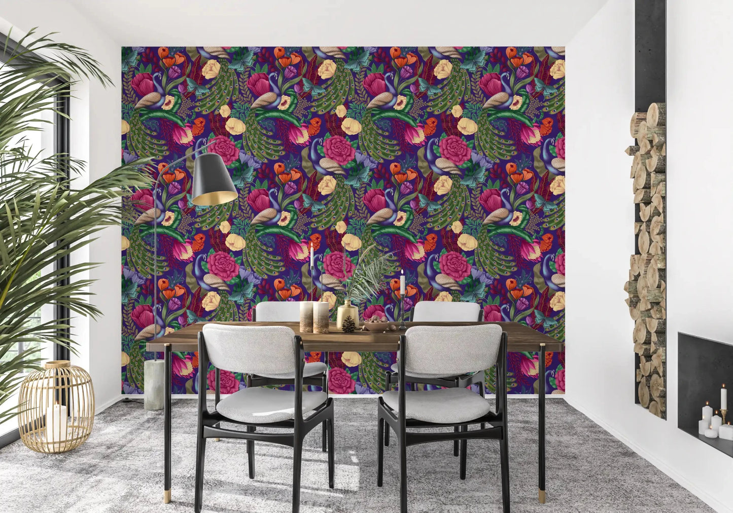 Balcony dining area using Maximalist Peacock Fantasy Garden Dark Purple Wallpaper