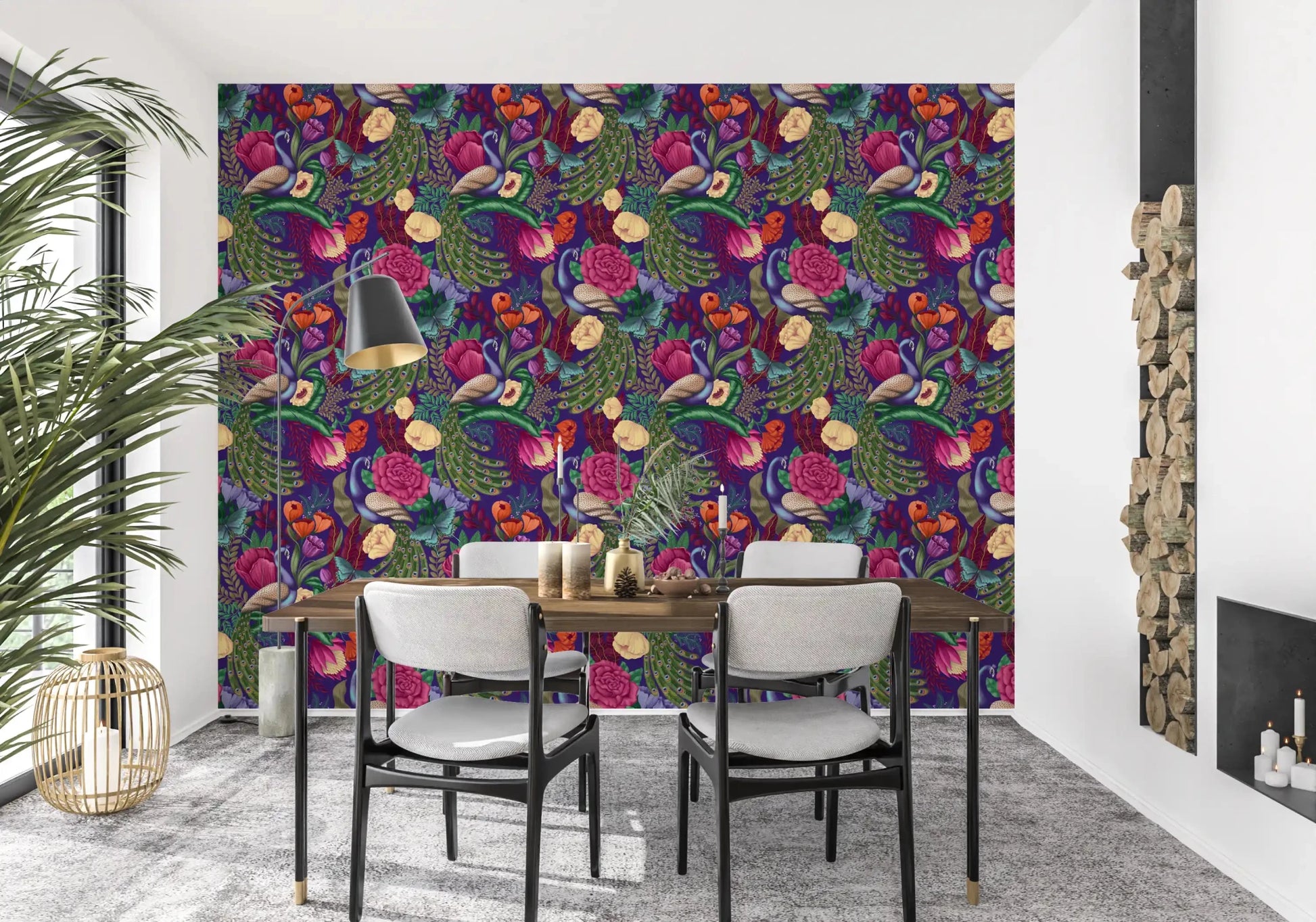 Balcony dining area using Maximalist Peacock Fantasy Garden Dark Purple Wallpaper