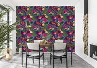 Balcony dining area using Maximalist Peacock Fantasy Garden Dark Purple Wallpaper