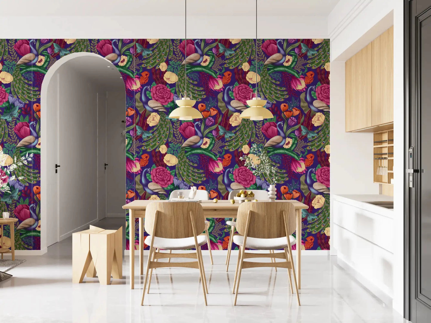 Dining nook finished with Maximalist Peacock Fantasy Garden Dark Purple Wallpaper