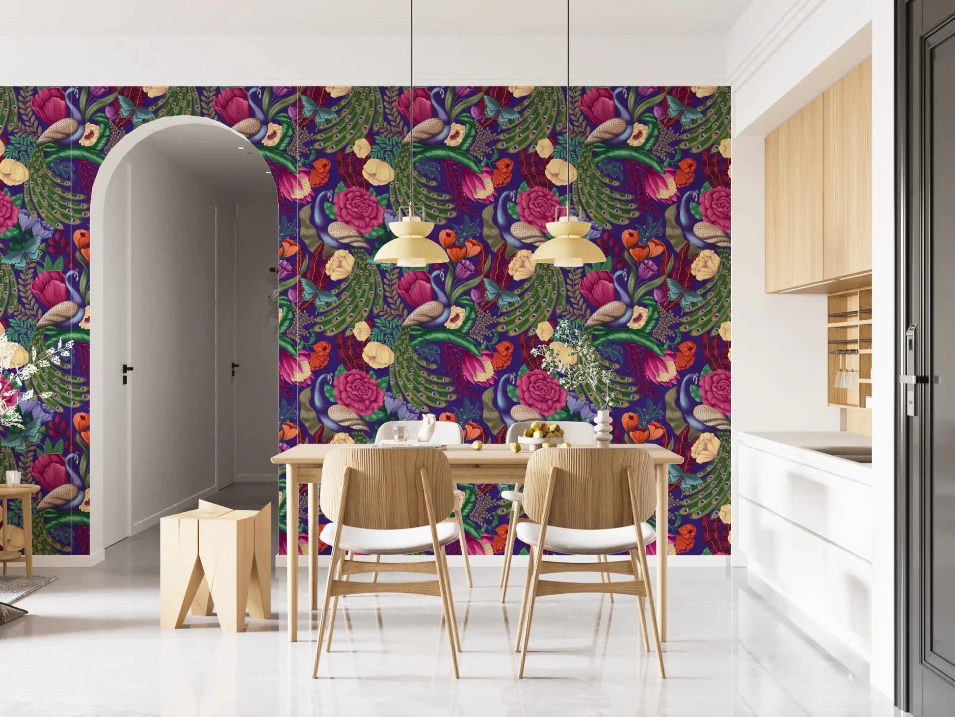 Dining nook finished with Maximalist Peacock Fantasy Garden Dark Purple Wallpaper