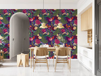 Dining nook finished with Maximalist Peacock Fantasy Garden Dark Purple Wallpaper