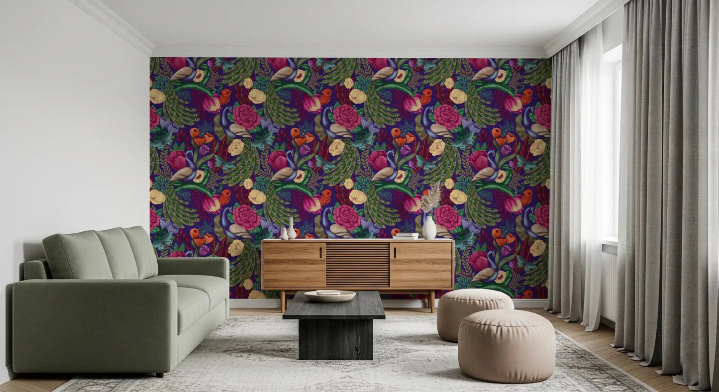lounge with Maximalist Peacock Fantasy Garden Dark Purple Wallpaper