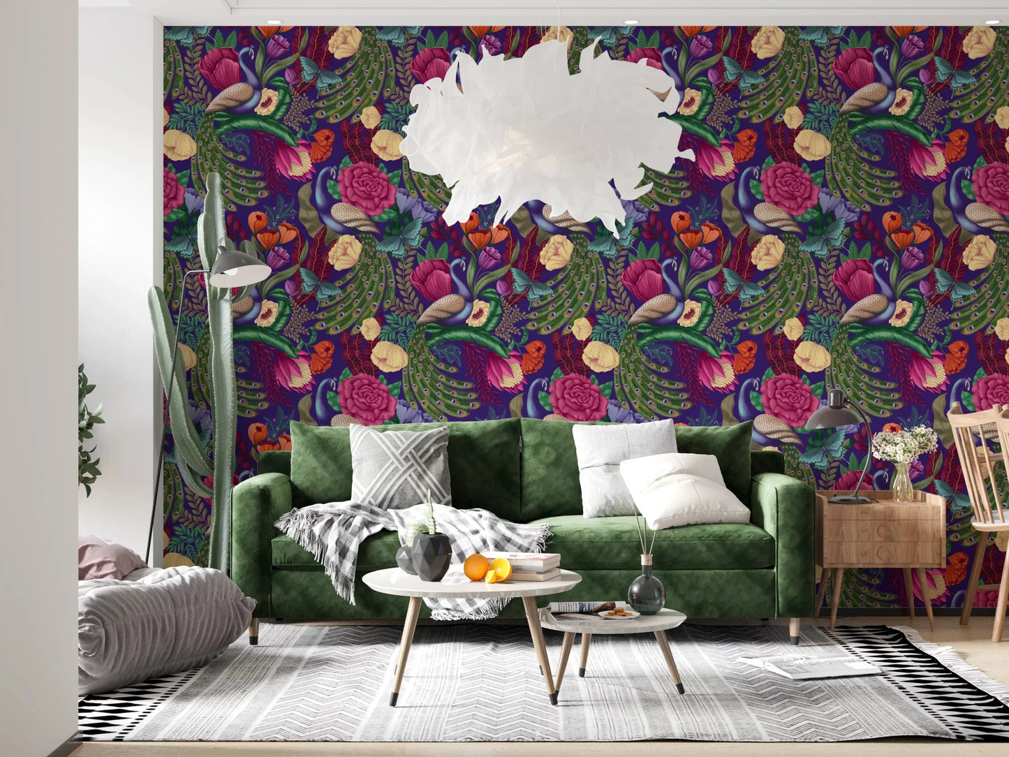 Green sofa corner with Maximalist Peacock Fantasy Garden Dark Purple Wallpaper