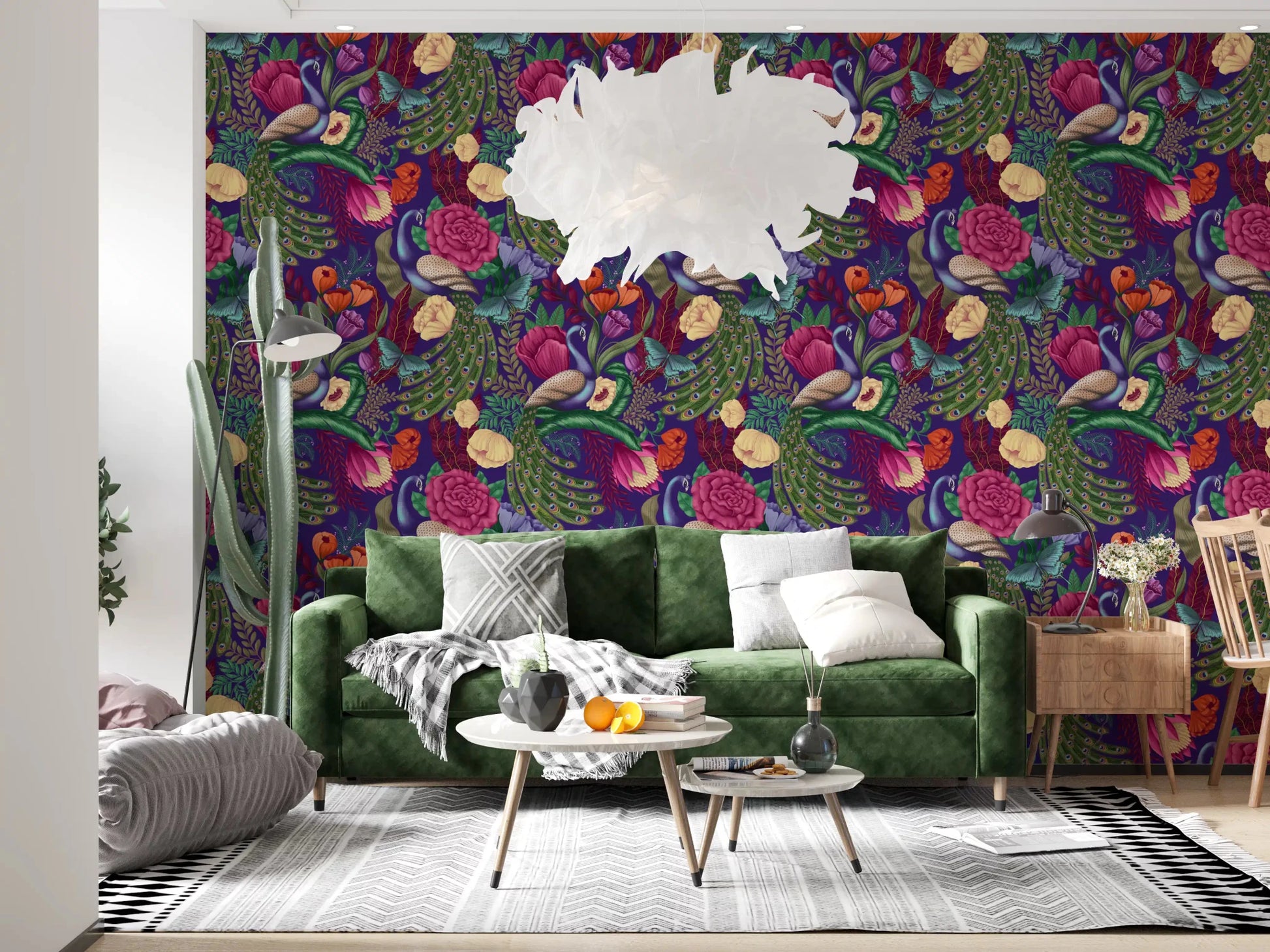 Green sofa corner with Maximalist Peacock Fantasy Garden Dark Purple Wallpaper