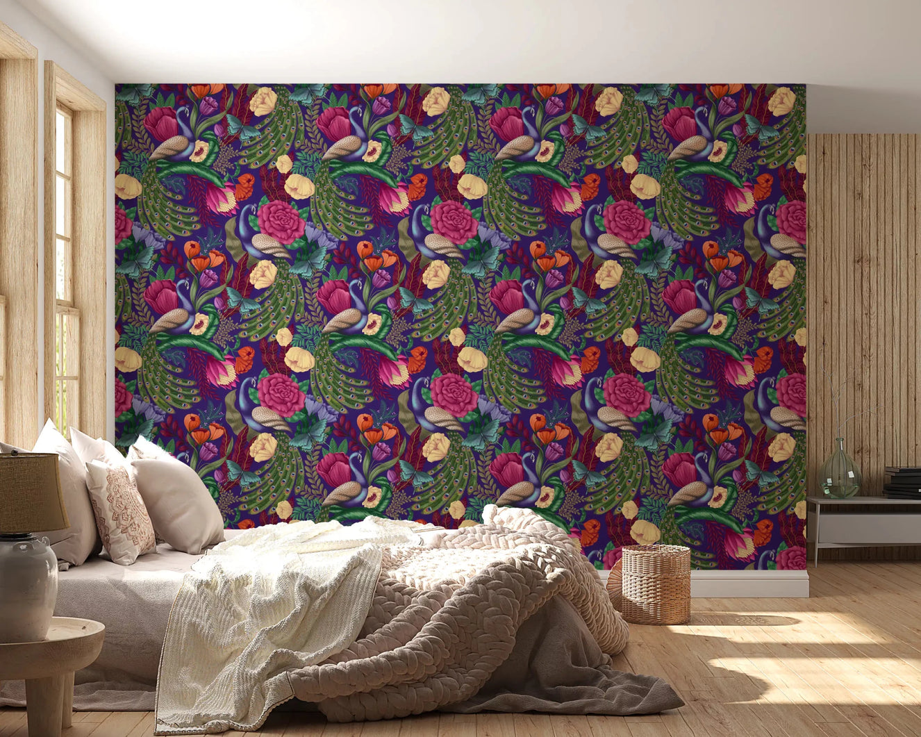 Cozy bedroom styled with Maximalist Peacock Fantasy Garden Dark Purple Wallpaper