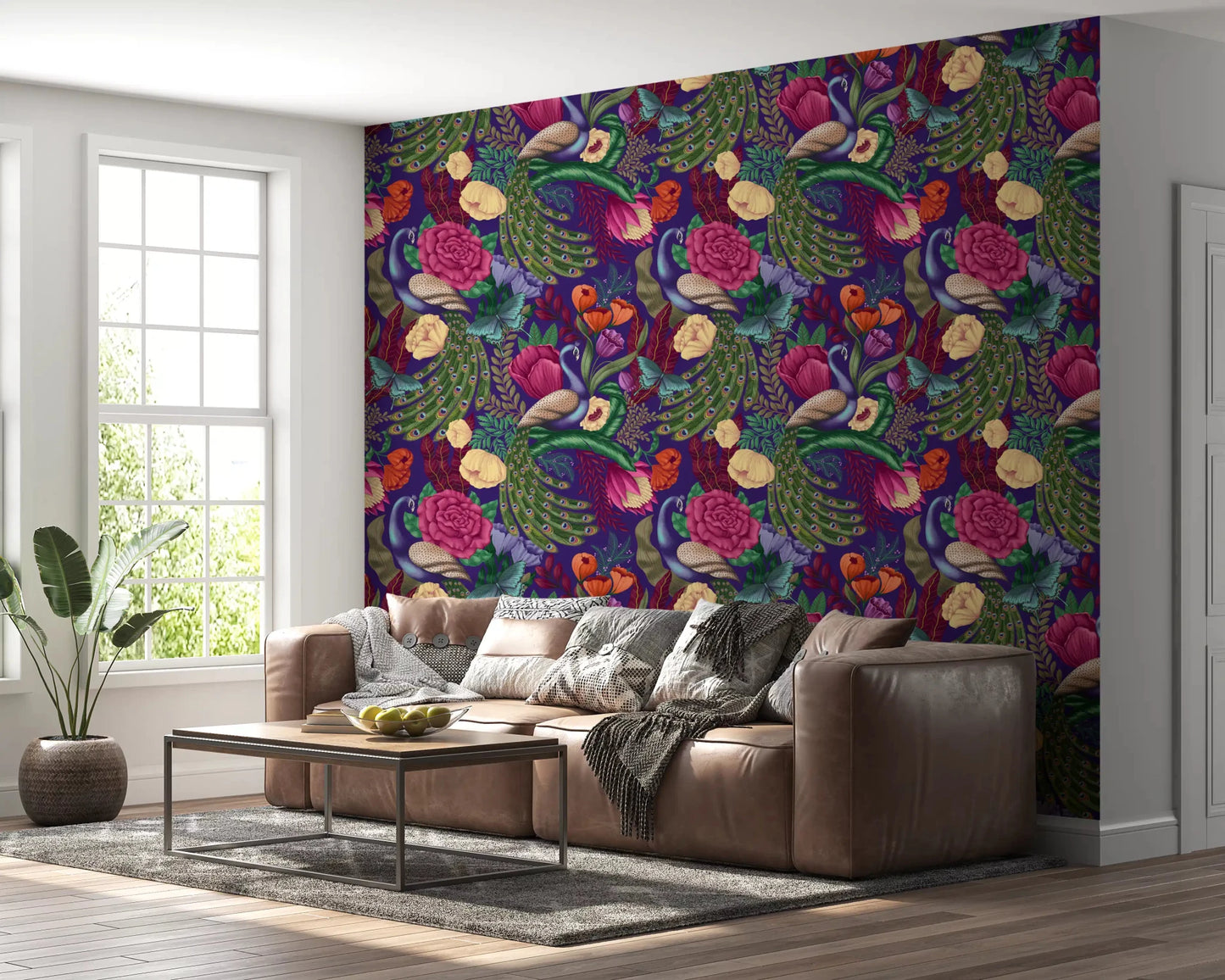 Window-side lounge with Maximalist Peacock Fantasy Garden Dark Purple Wallpaper