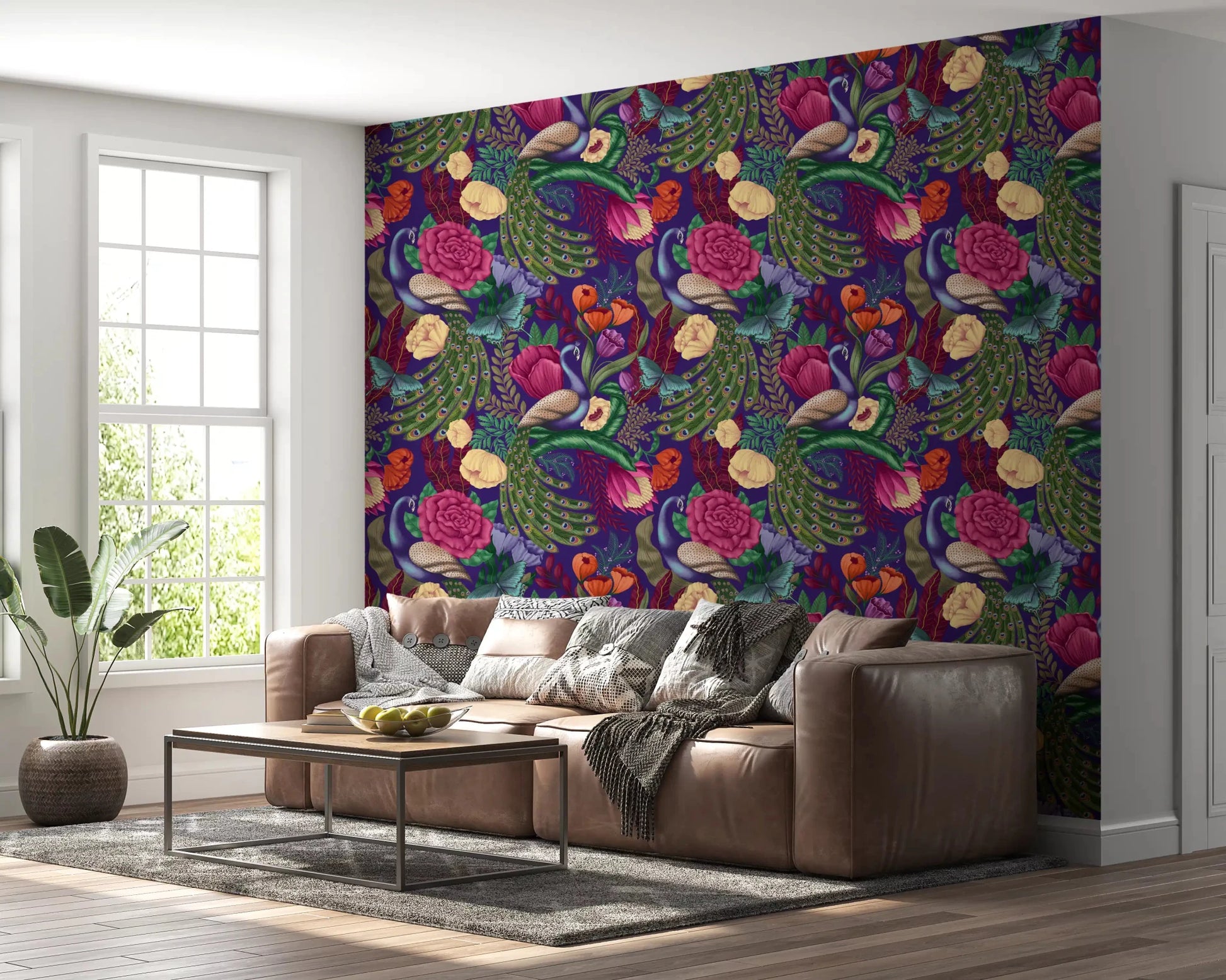 Window-side lounge with Maximalist Peacock Fantasy Garden Dark Purple Wallpaper