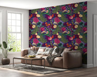 Window-side lounge with Maximalist Peacock Fantasy Garden Dark Purple Wallpaper