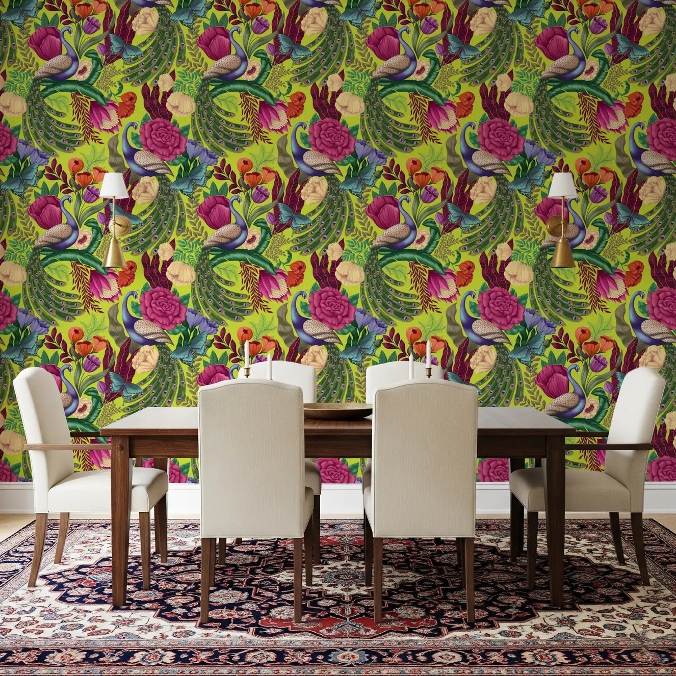 Neon Green Peacock Fantasy Garden Wallpaper in a dining room with cream chairs