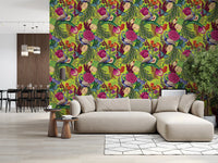 Soft neutral sofa against Neon Green Peacock Fantasy Garden Wallpaper