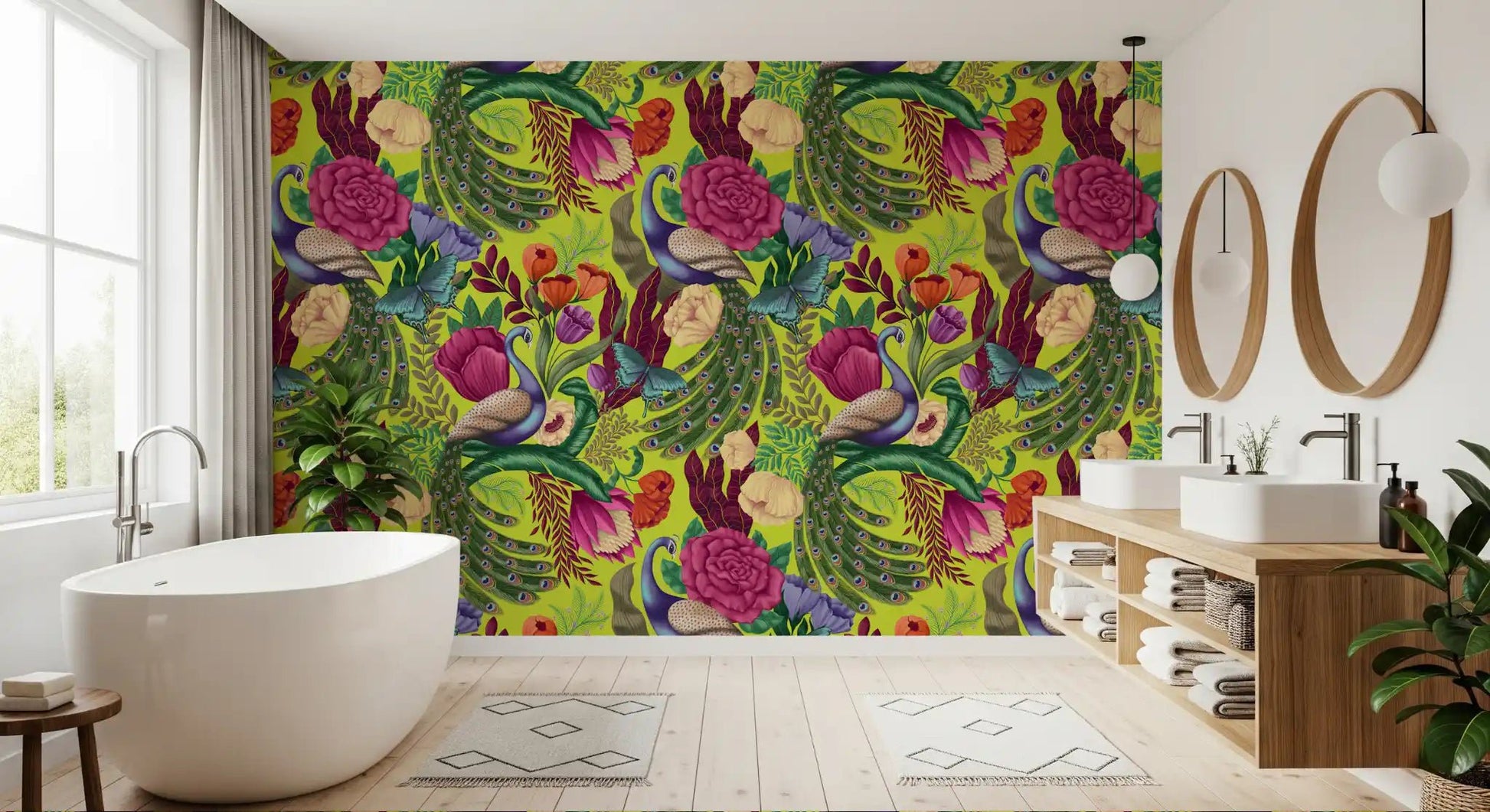 Bathroom finished in Neon Green Peacock Fantasy Garden Wallpaper
