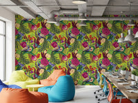 Office with Neon Green Peacock Fantasy Garden Wallpaper
