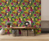 Living corner  framed by Neon Green Peacock Fantasy Garden Wallpaper
