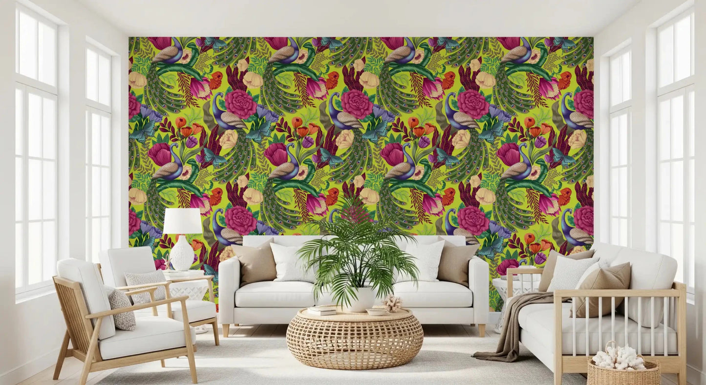 Bright lounge styled with Neon Green Peacock Fantasy Garden Wallpaper