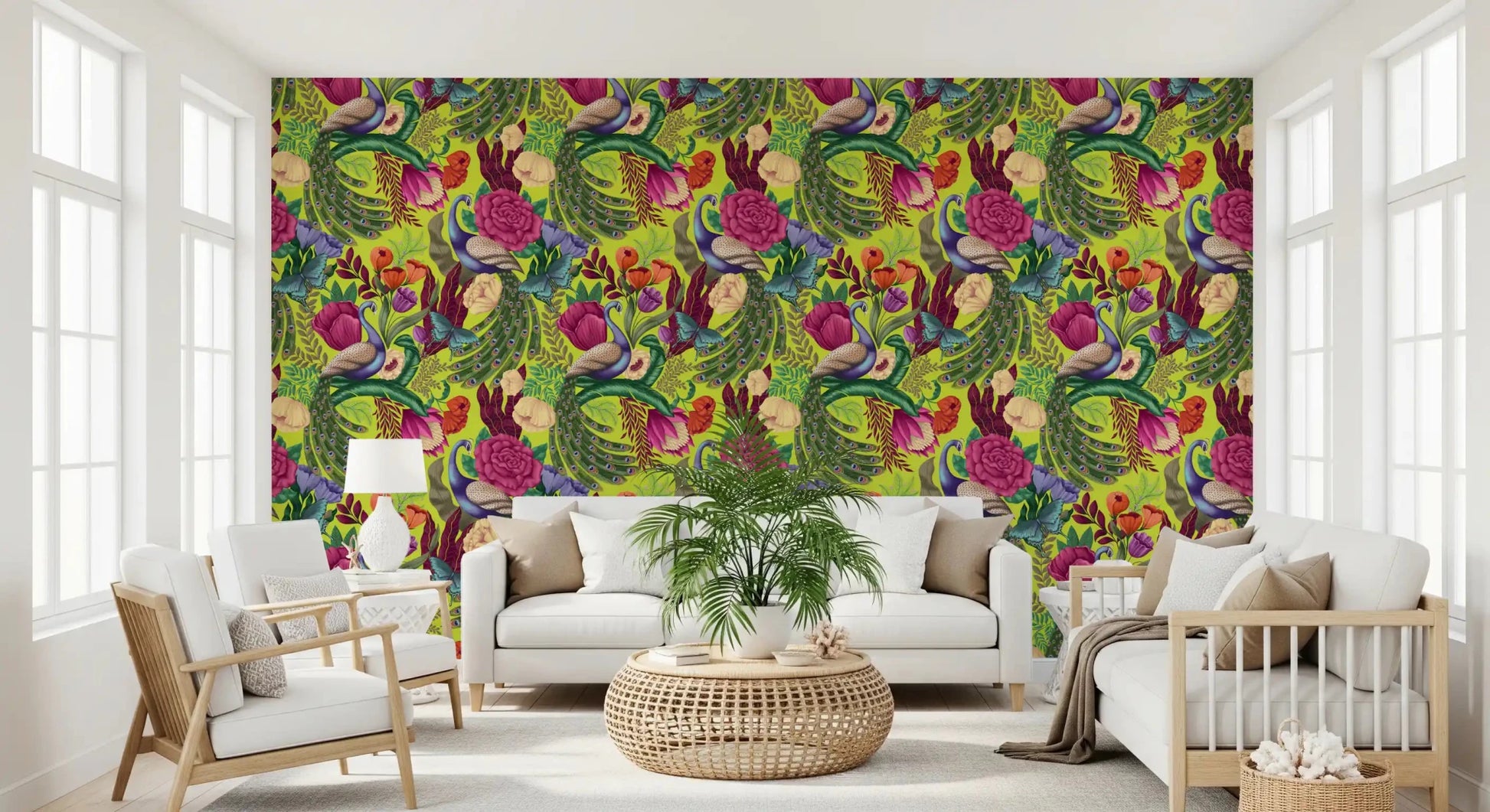 Bright lounge styled with Neon Green Peacock Fantasy Garden Wallpaper