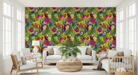Bright lounge styled with Neon Green Peacock Fantasy Garden Wallpaper