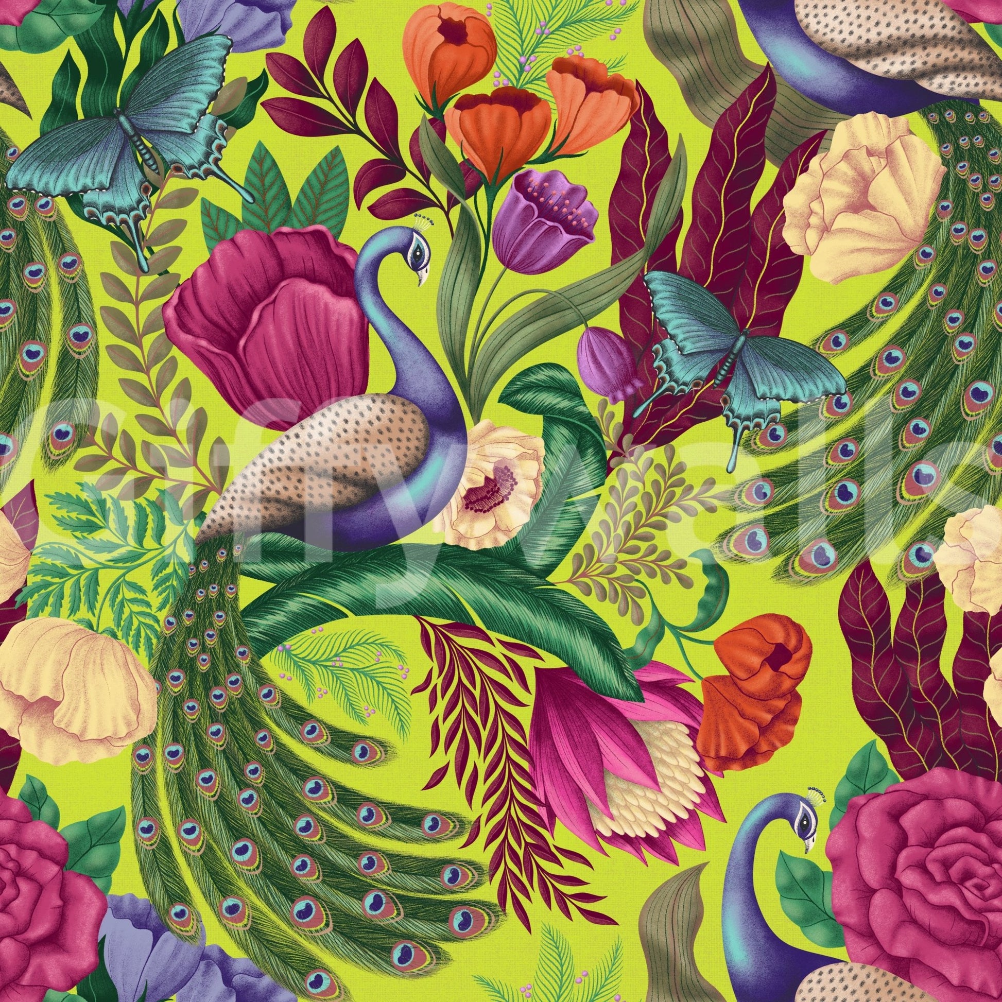 Maximalist Peacock Fantasy Garden Neon Green Wallpaper with peacocks and bold blooms