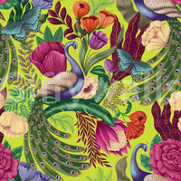 Maximalist Peacock Fantasy Garden Neon Green Wallpaper with peacocks and bold blooms