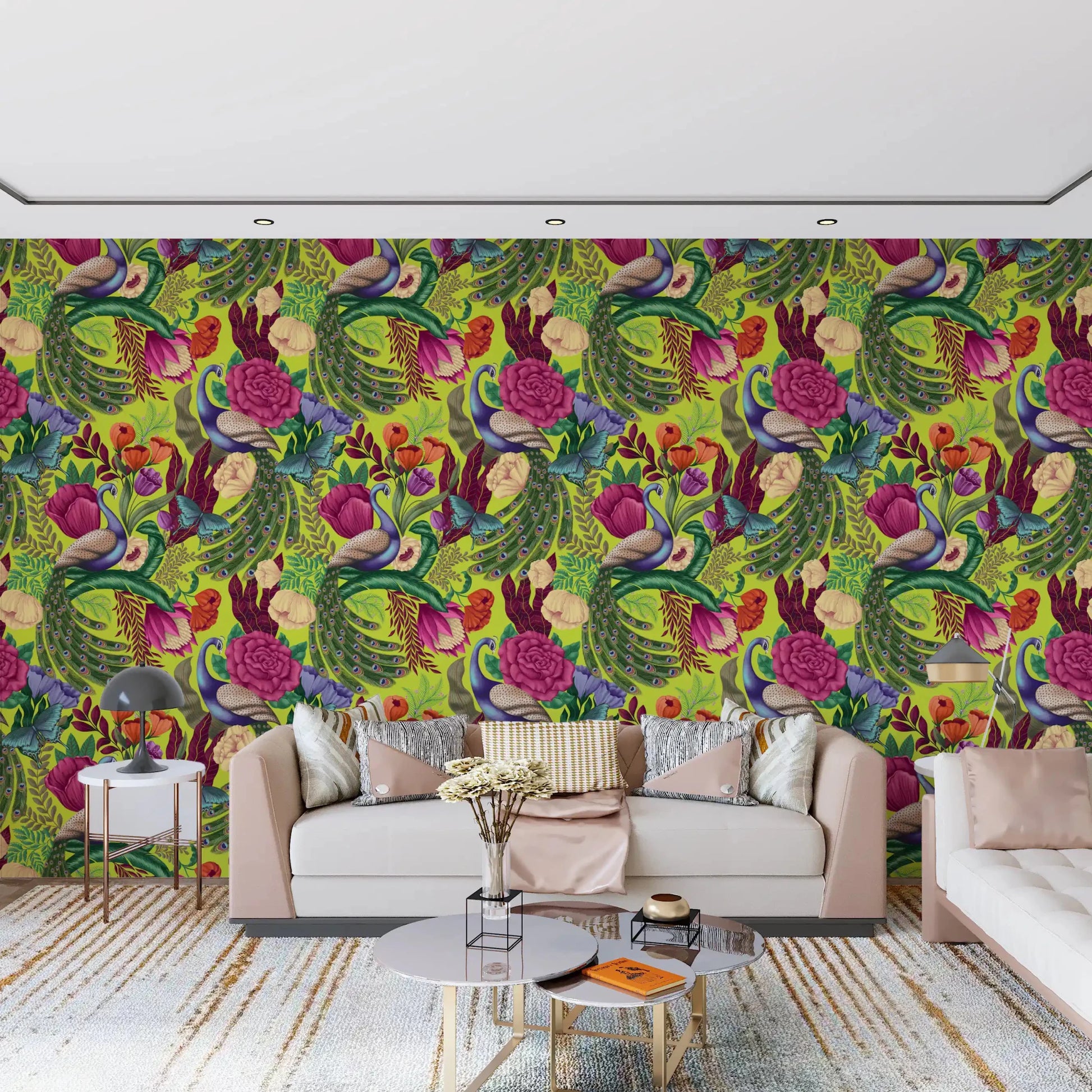 Sunlit sitting area using Neon Green Peacock Fantasy Garden Wallpaper