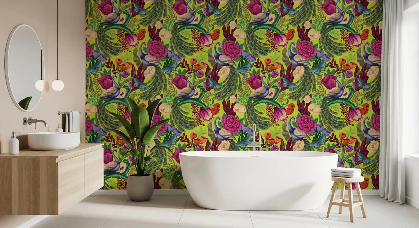 Bright bathroom with Neon Green Peacock Fantasy Garden Wallpaper backdrop