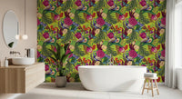 Bright bathroom with Neon Green Peacock Fantasy Garden Wallpaper backdrop