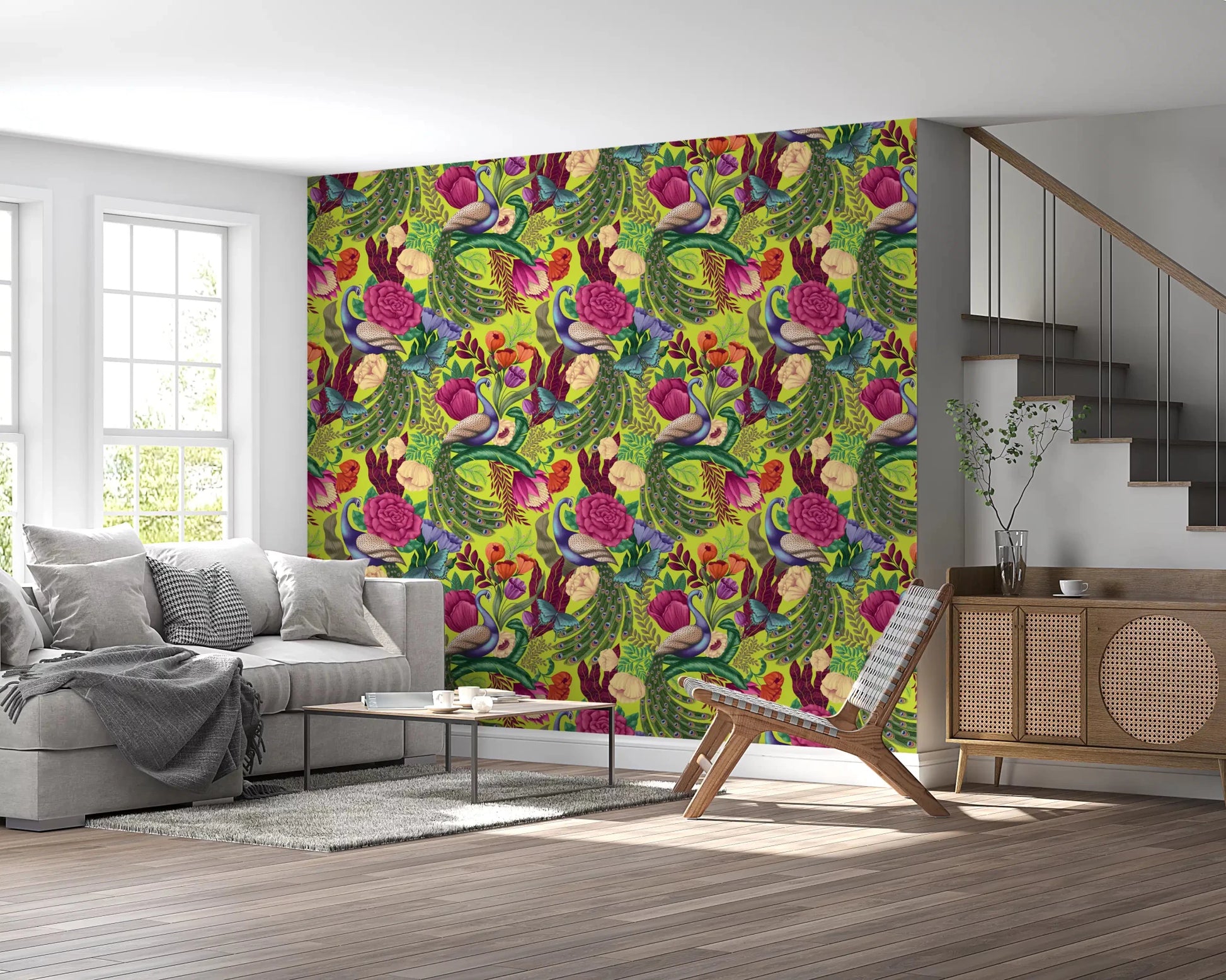 Living room featuring Neon Green Peacock Fantasy Garden Wallpaper