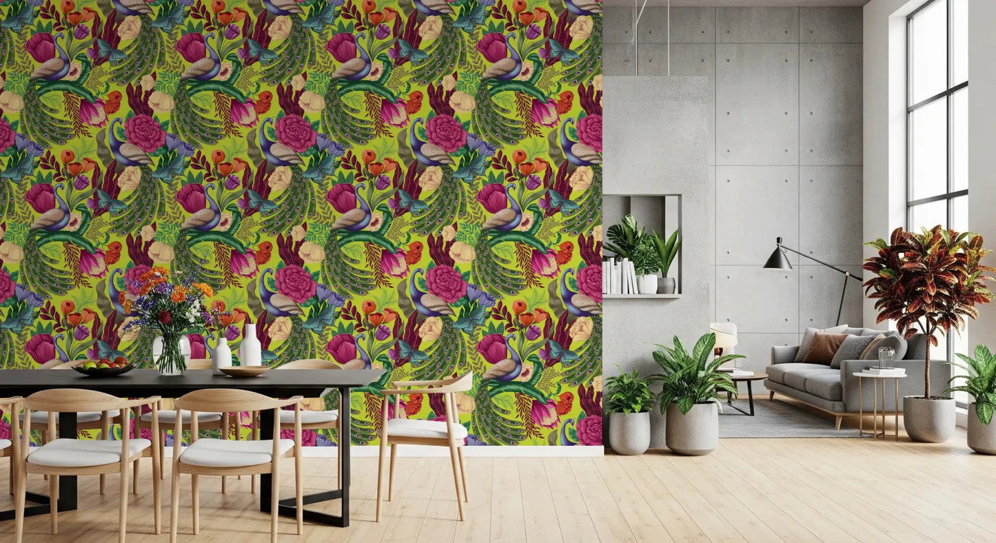 Kitchen covered in Neon Green Peacock Fantasy Garden Wallpaper
