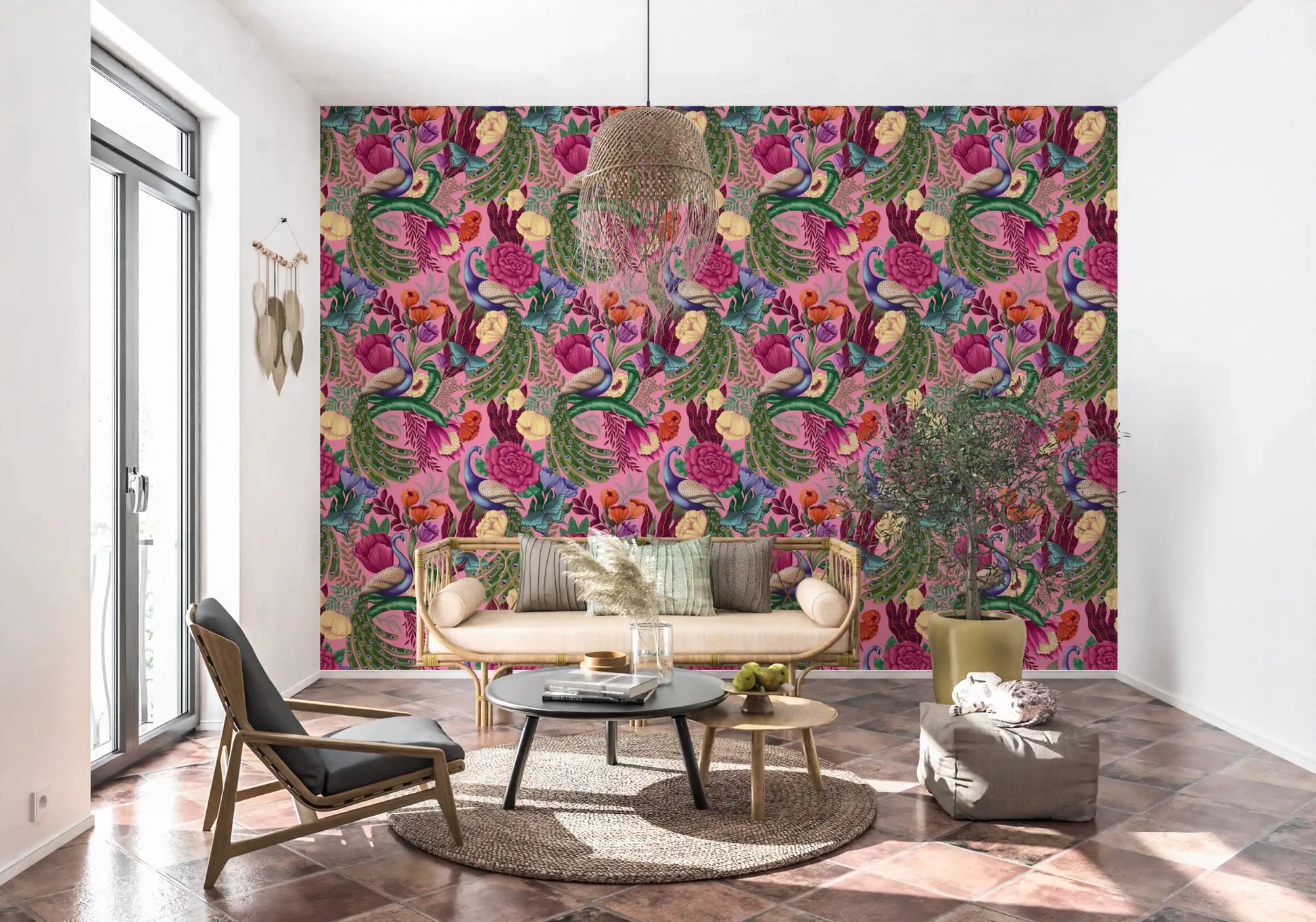 Sunlit room featuring Maximalist Peacock Fantasy Garden Pink Wallpaper
