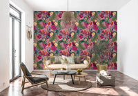 Sunlit room featuring Maximalist Peacock Fantasy Garden Pink Wallpaper