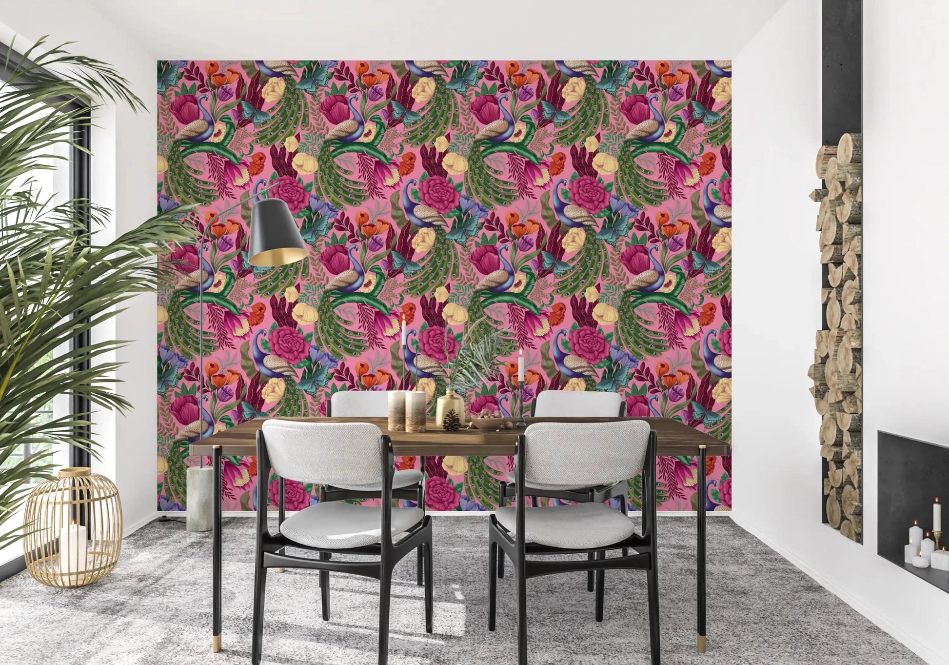 Balcony dining nook with Maximalist Peacock Fantasy Garden Pink Wallpaper