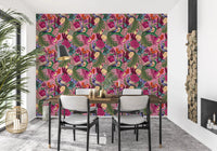 Balcony dining nook with Maximalist Peacock Fantasy Garden Pink Wallpaper