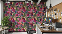 Home office  styled with Maximalist Peacock Fantasy Garden Pink Wallpaper
