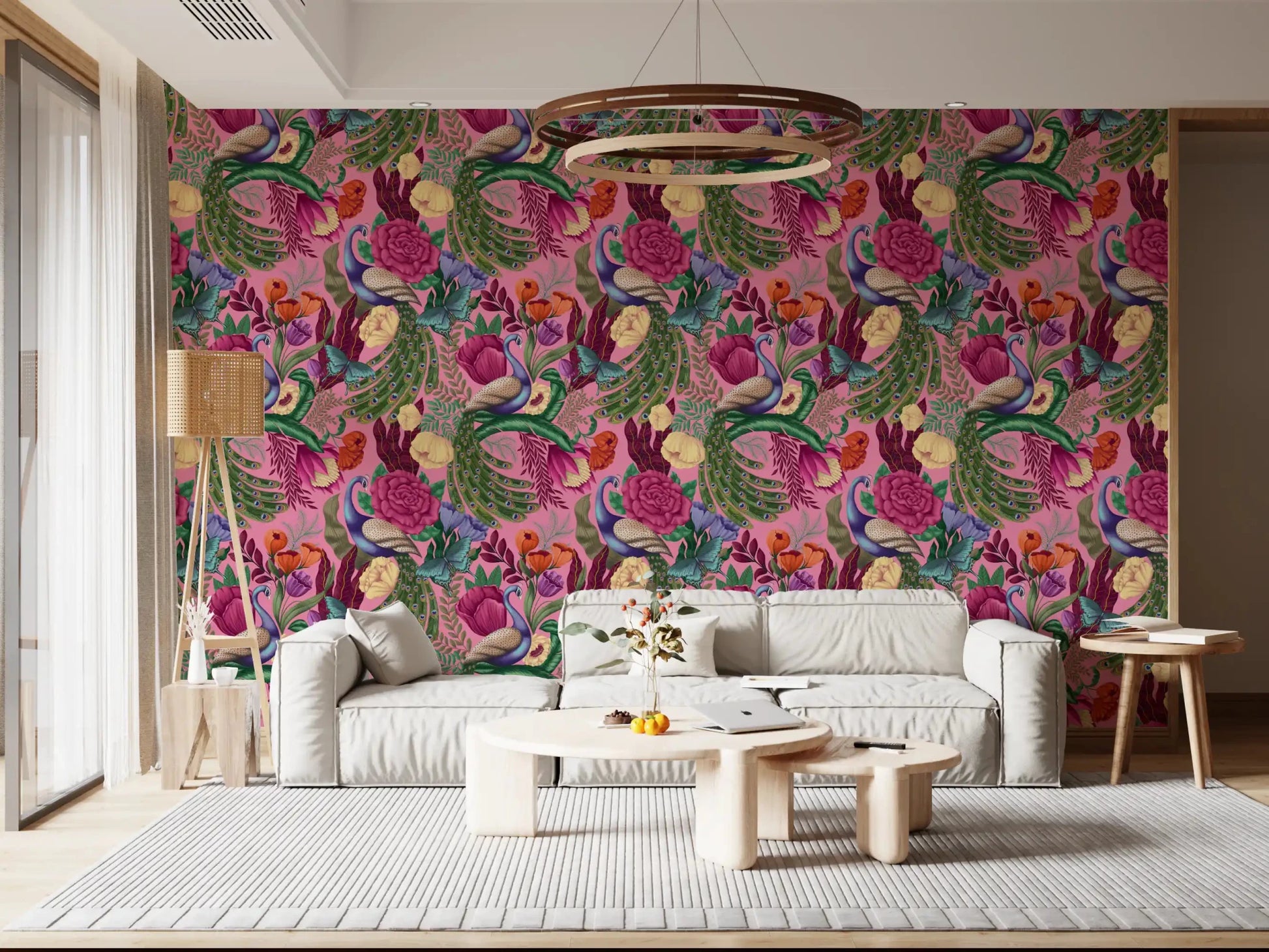 Warm living room framed by Maximalist Peacock Fantasy Garden Pink Wallpaper