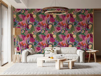 Warm living room framed by Maximalist Peacock Fantasy Garden Pink Wallpaper