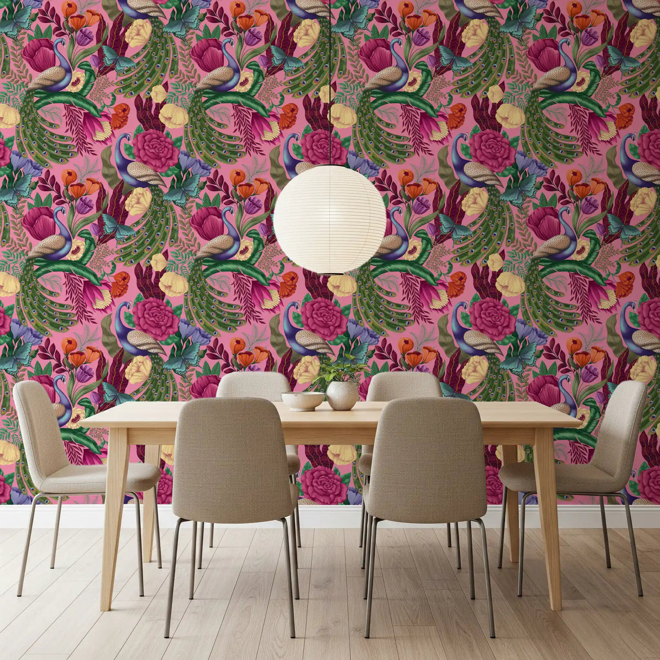 Maximalist Peacock Fantasy Garden Pink Wallpaper in a bright dining corner
