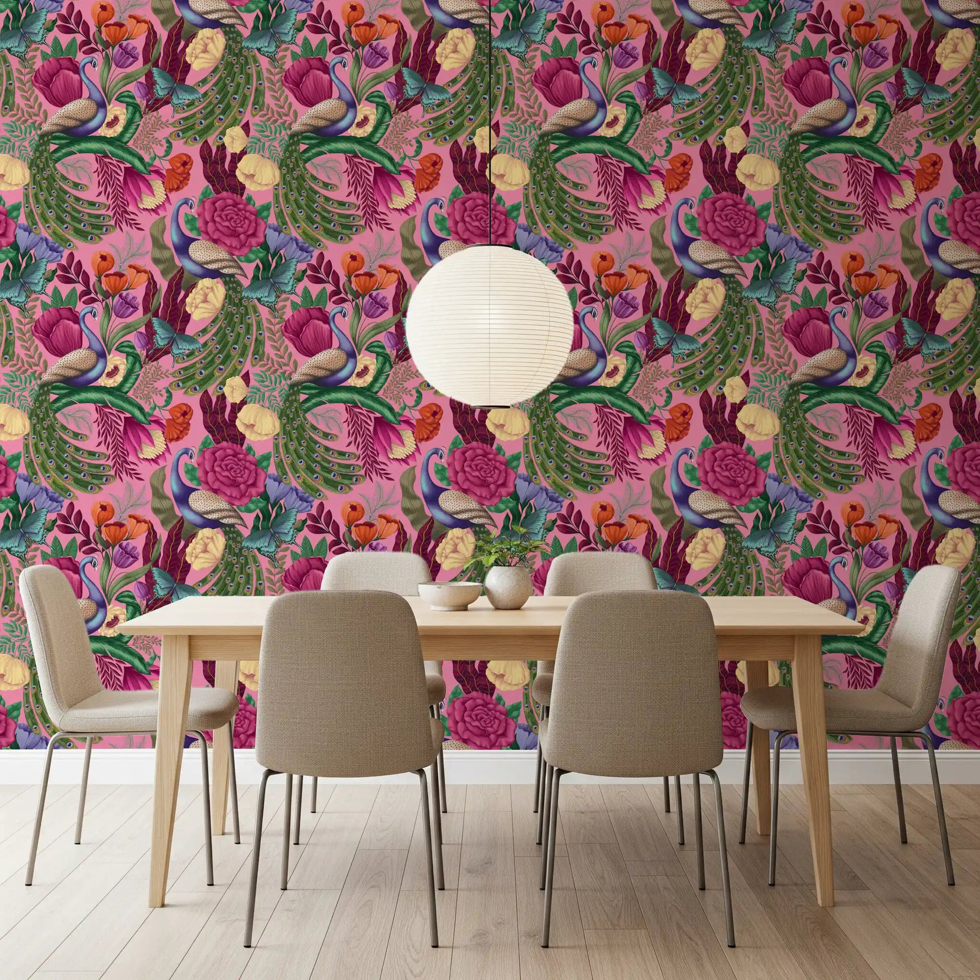 Maximalist Peacock Fantasy Garden Pink Wallpaper in a bright dining corner