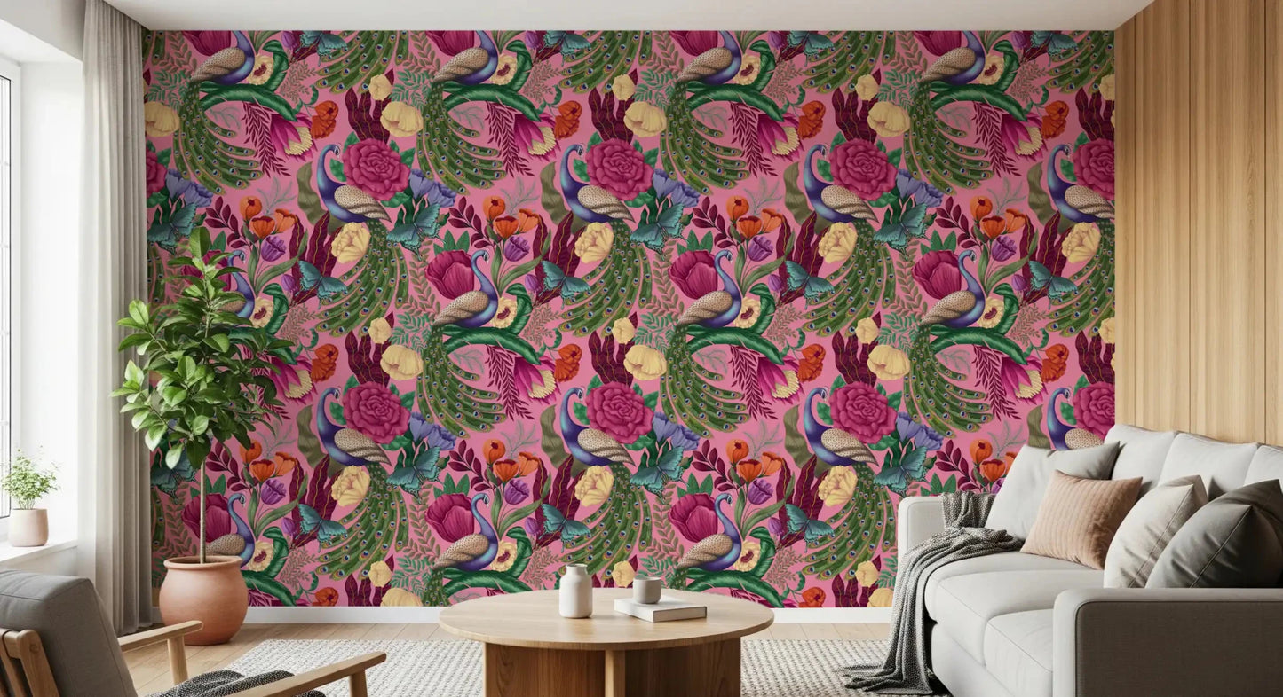 Cozy living room finished in Maximalist Peacock Fantasy Garden Pink Wallpaper