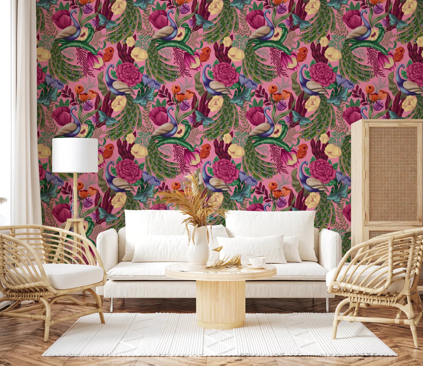 Soft lounge setting with Maximalist Peacock Fantasy Garden Pink Wallpaper